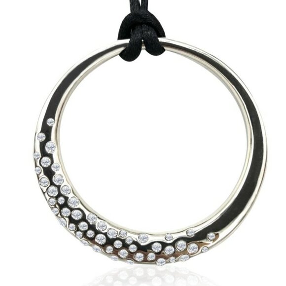 Swarovski Crystal Circle Pendant Necklace Sterling Silver Overlay & Black Cord - Picture 4 of 8